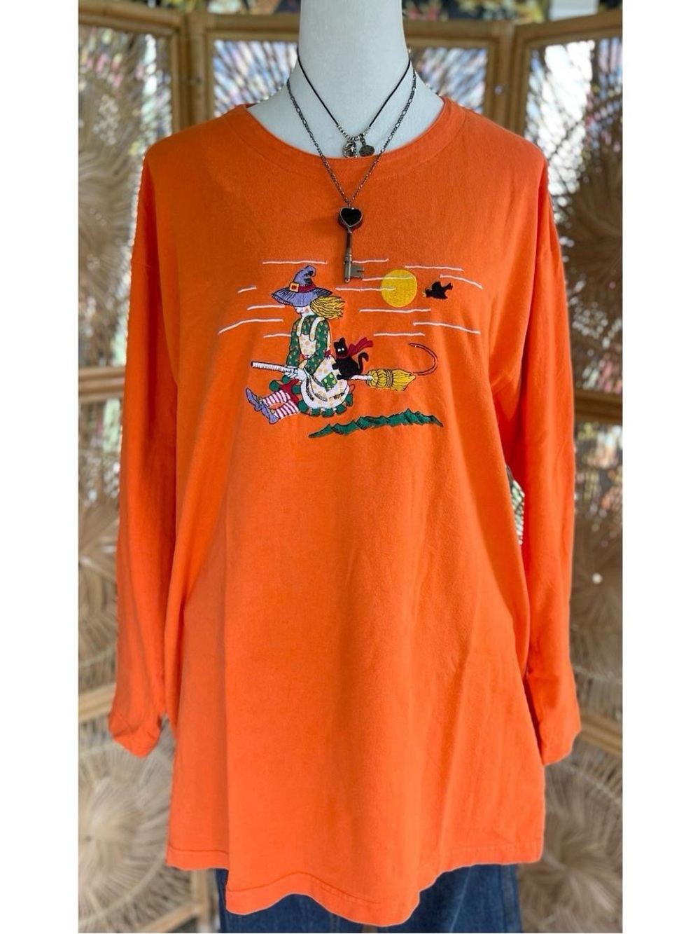 90s Vintage Basic Editions Orange Embroidered Halloween Long Sleeve Night Shirt